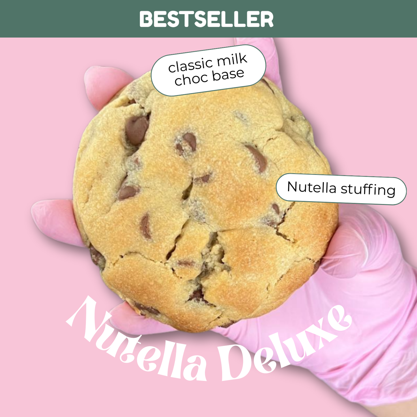 Cookie with Nutella filling held by a pink gloved hand on a pink background, labeled as a 'Bestseller' with 'Nutella Deluxe' text.