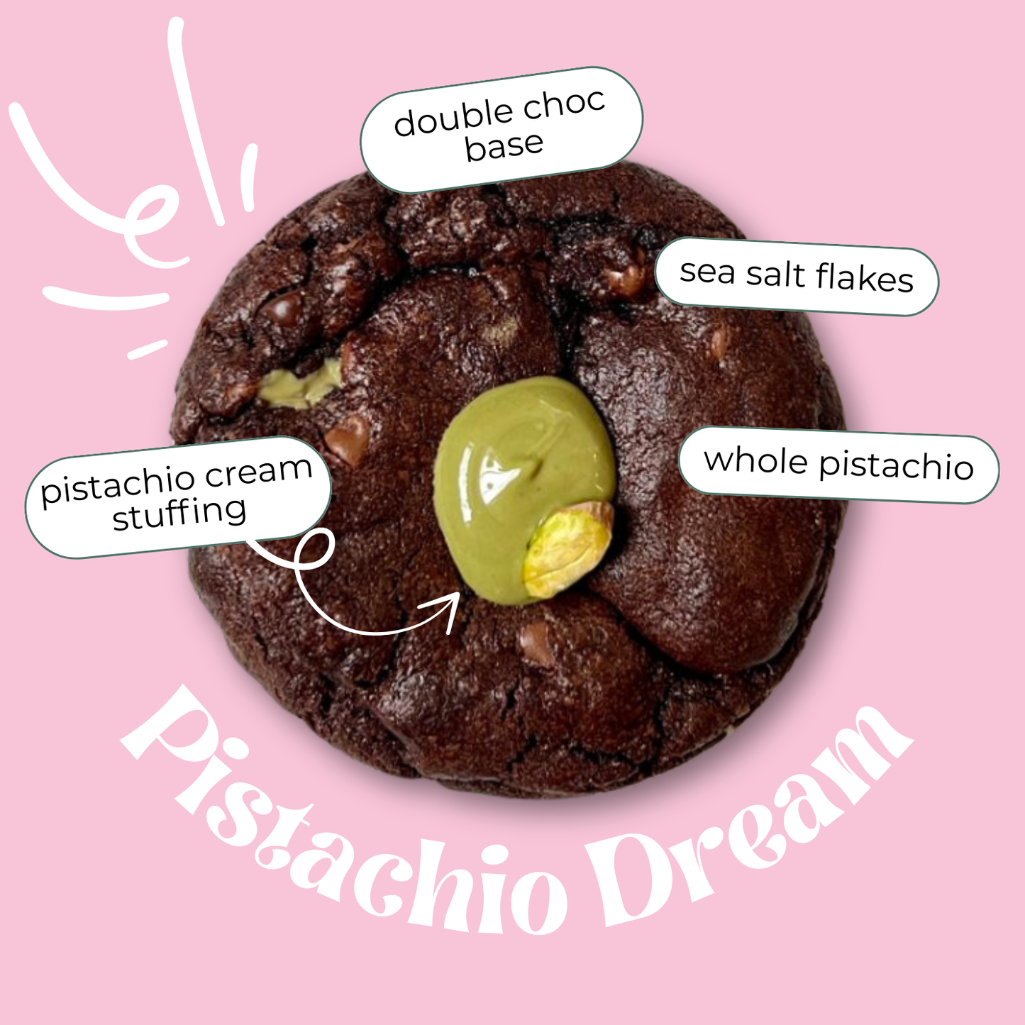 Chocolate cookie with pistachio cream stuffing on a pink background, labeled with ingredients.