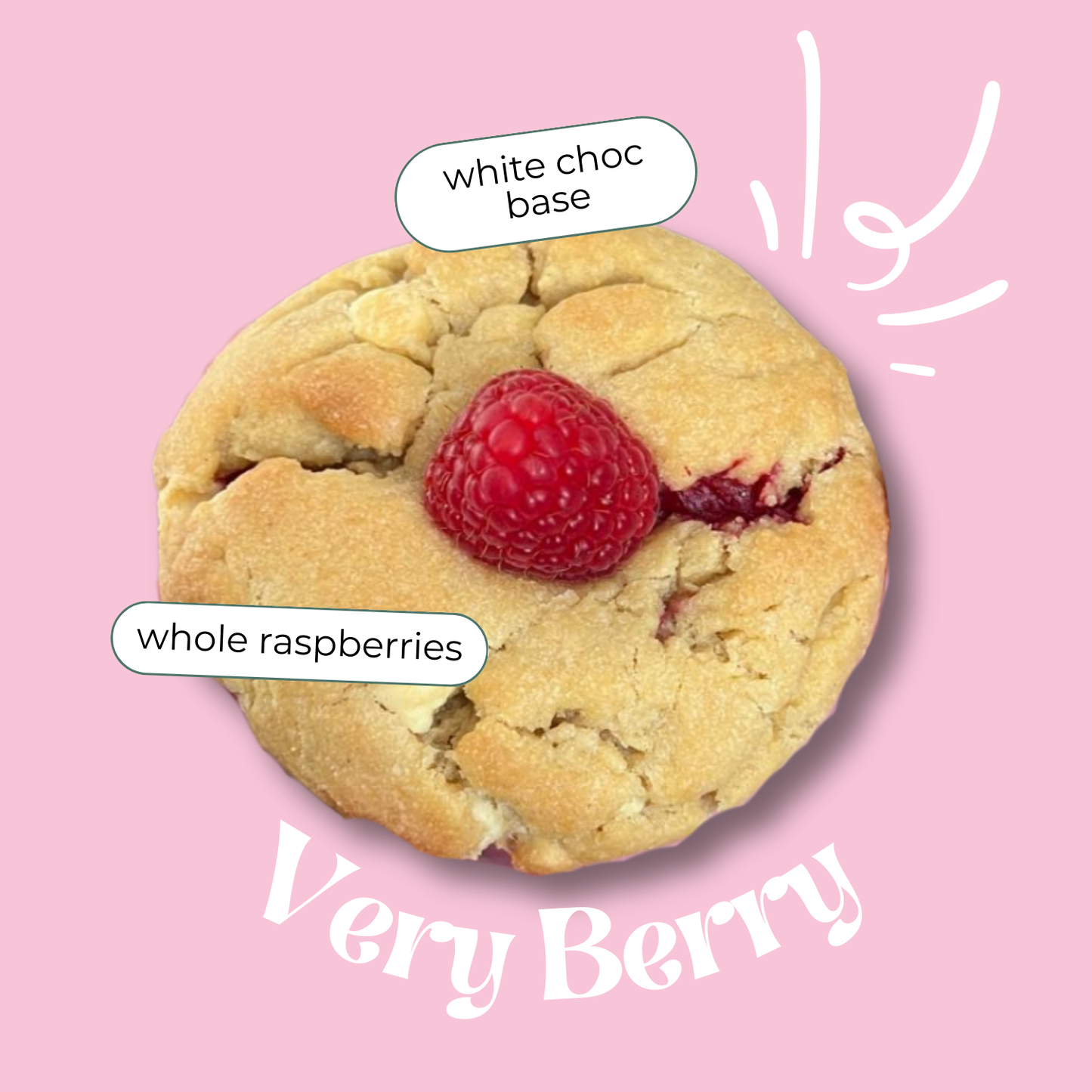 Cookie with a raspberry on top labeled 'Very Berry' with 'white choc base' on a pink background.