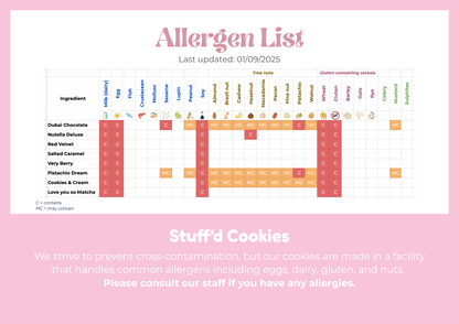 Allergen list for Stuff'd Cookies with a pink background